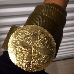 VTG MZ of NY Green Leather Belt with Gold Buckle M